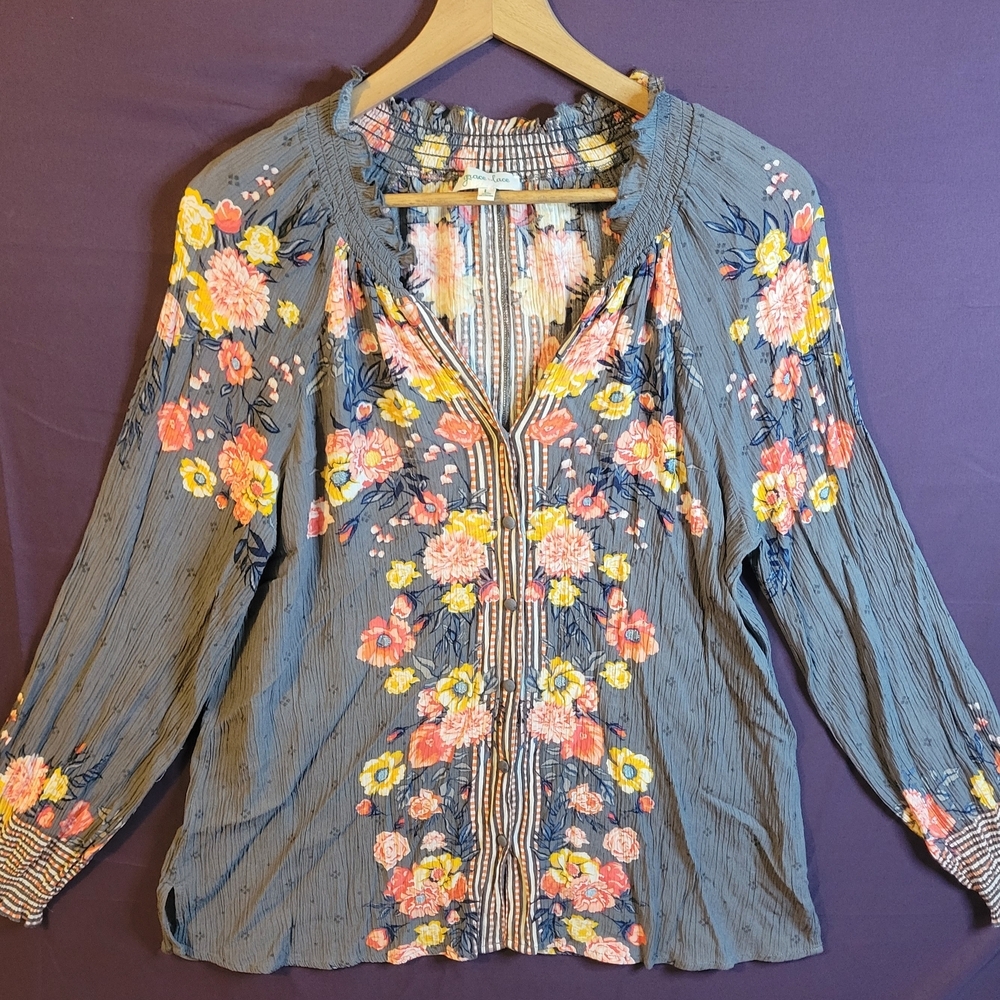 Grace & Lace Floral Blouse - Gray with Pink and Yellow - Picture 1 of 6